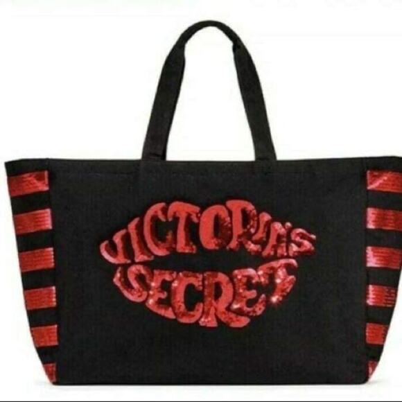 New Victoria Secrets Red & Black Lips Sequin Tote - Picture 1 of 6